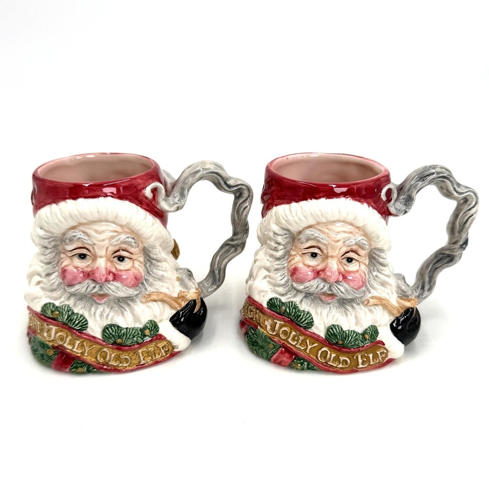 Fitz and Floyd 1993 Jolly Old Elf Santa‎ Claus 12oz Mugs Set of 2 Christmas Red